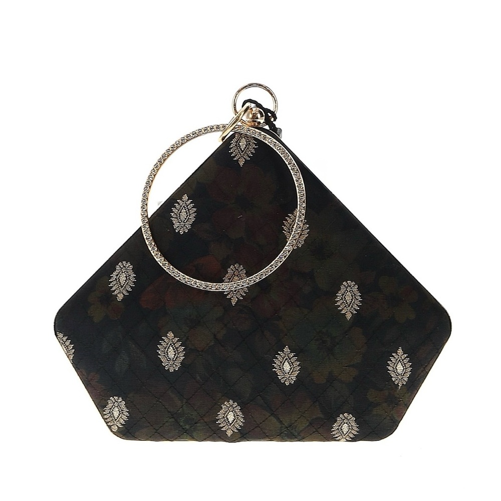 Floral Patterned Wrist Clutch with Gold Bling Ring - with shoulder strap